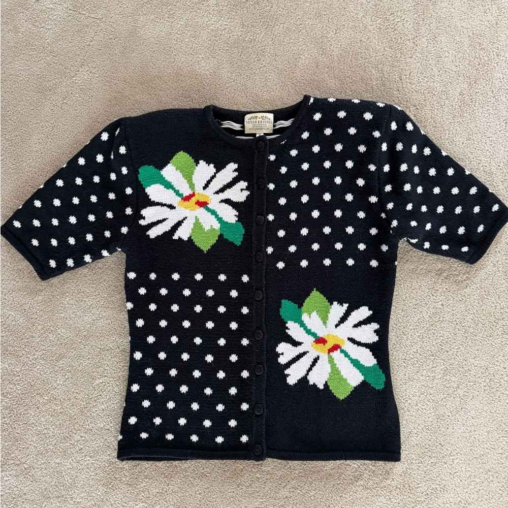 Susan Bristol Black and White Polka Dot Floral Sweater